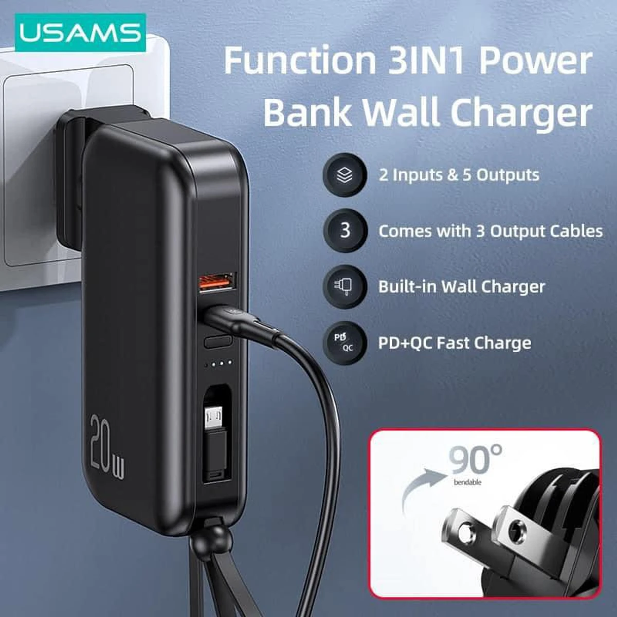 USAMS Power Bank 10000mAh With 20W PD Fast Charging Powerbank 3 In 1 Wall Charger