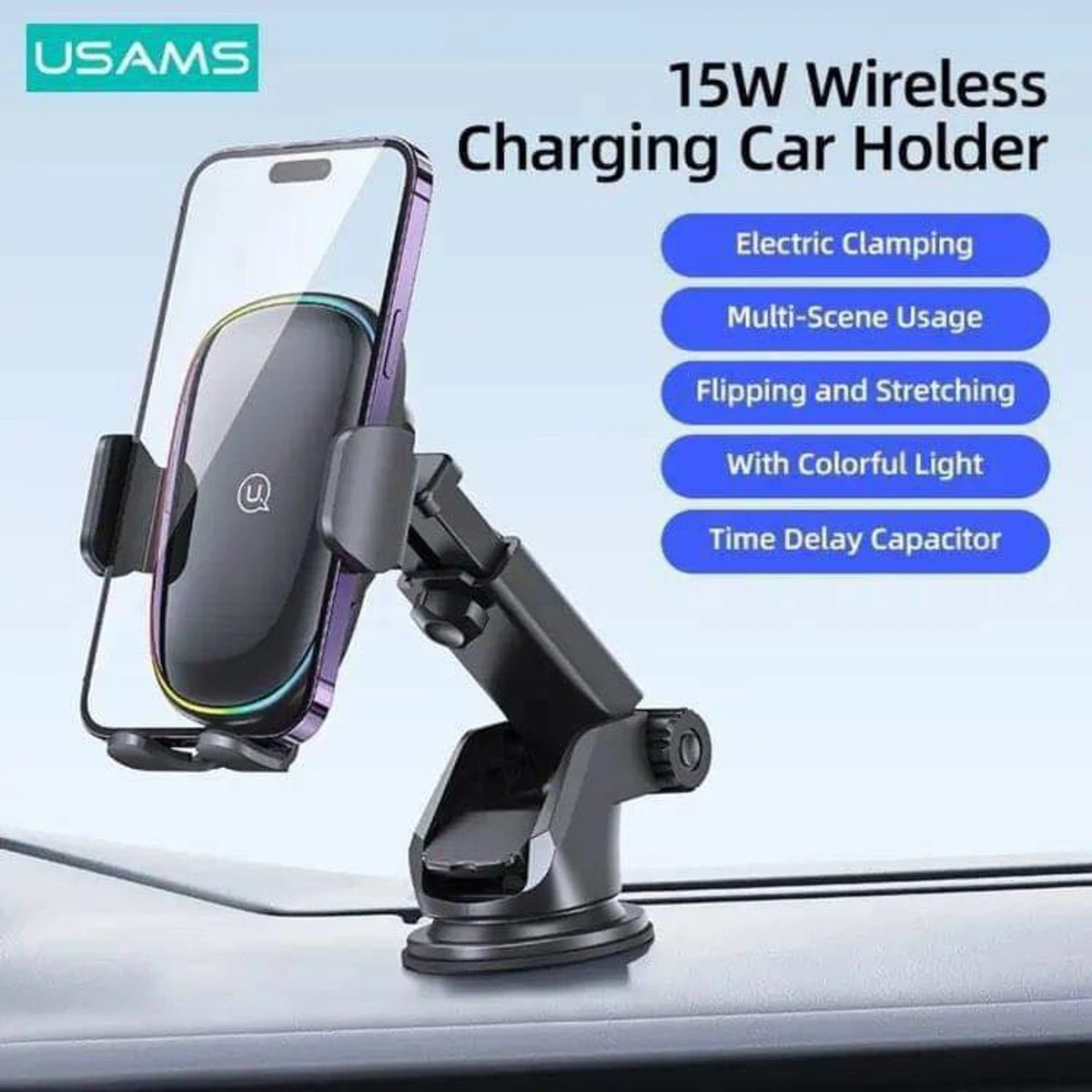 USAMS 15W Wireless Charging Car Holder With Colorful Light