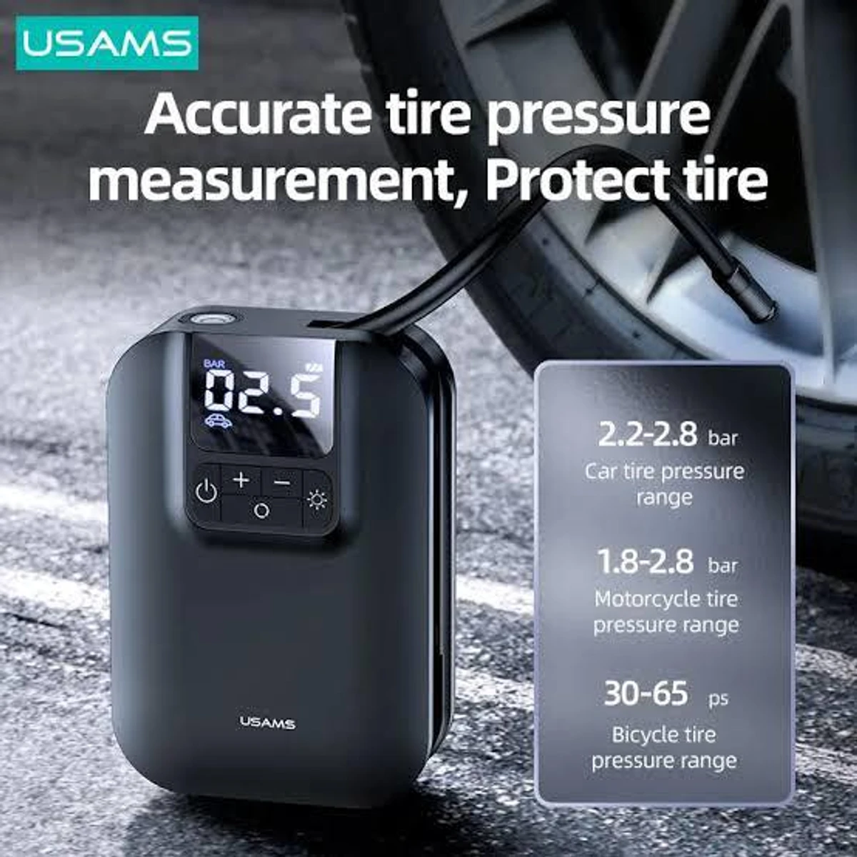USAMS Inflator Pump Car Air Compressor Digital Tire Pressure Detection 5000mAh Portable Auto Tire Pump for Car Bike Motorcycle