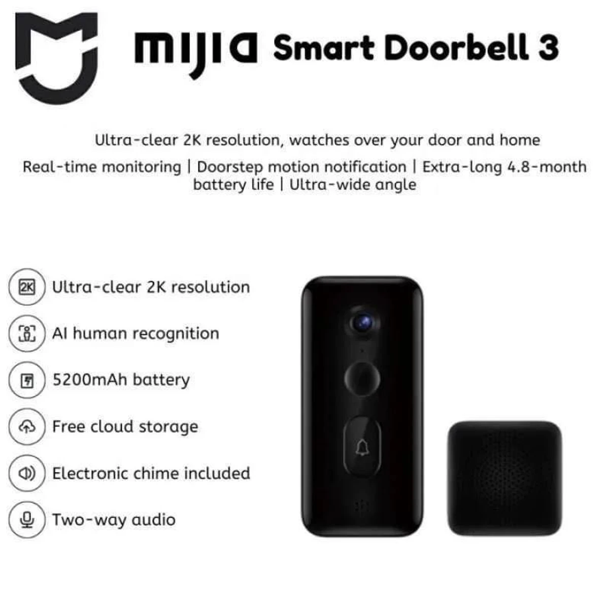Xiaomi Smart Doorbell 3 Sharp 2K Clarity 5200mAh Battery