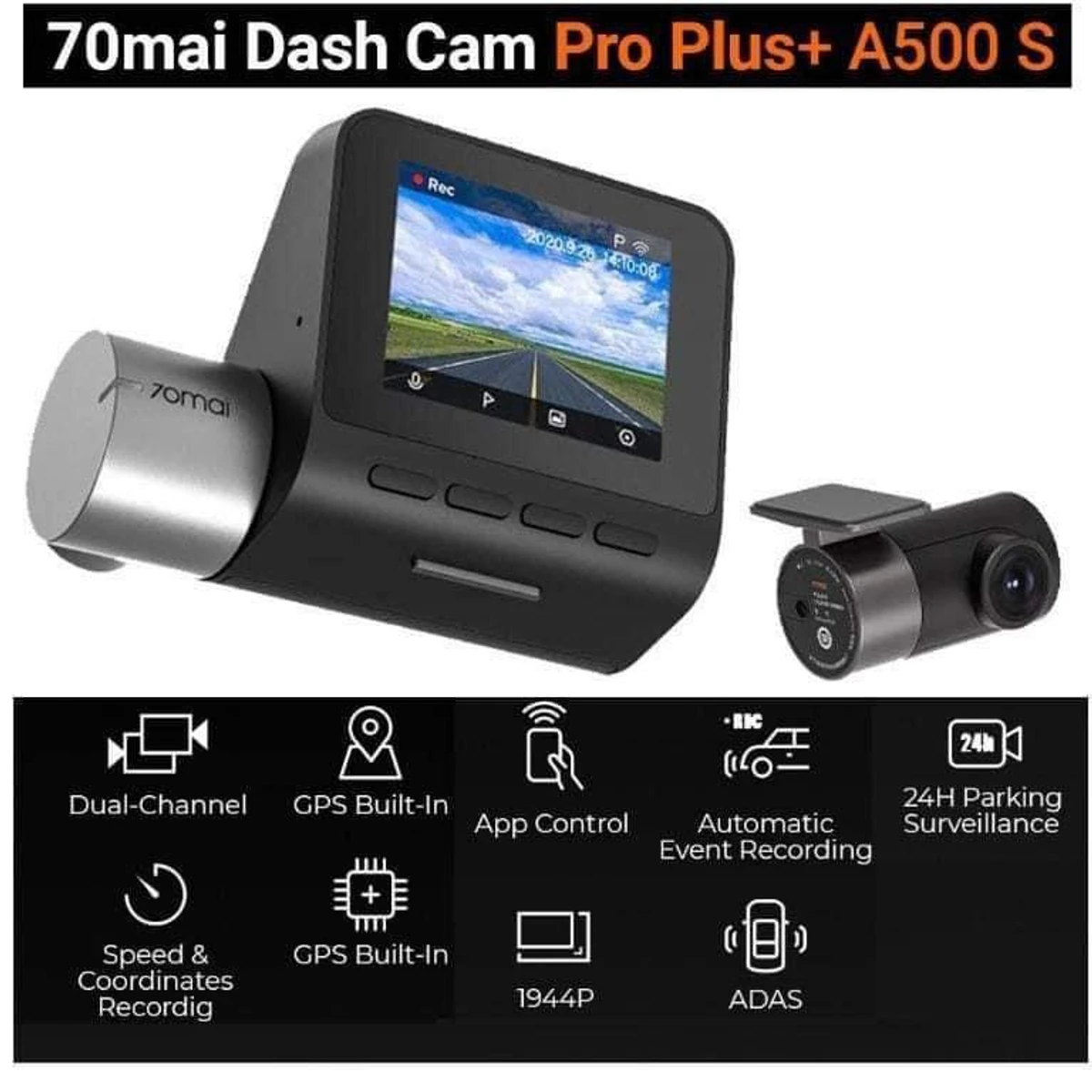 a500s Car Dash Cam Dual Sight GPS ADAS Front And Rear dashcam Camera 24H