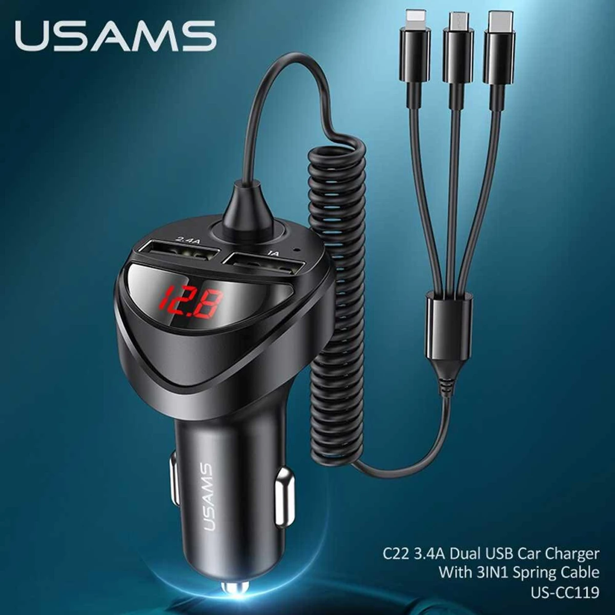 LED display Dual Usb with 3in1 cable Charger For Car Quick Charging Car Charger